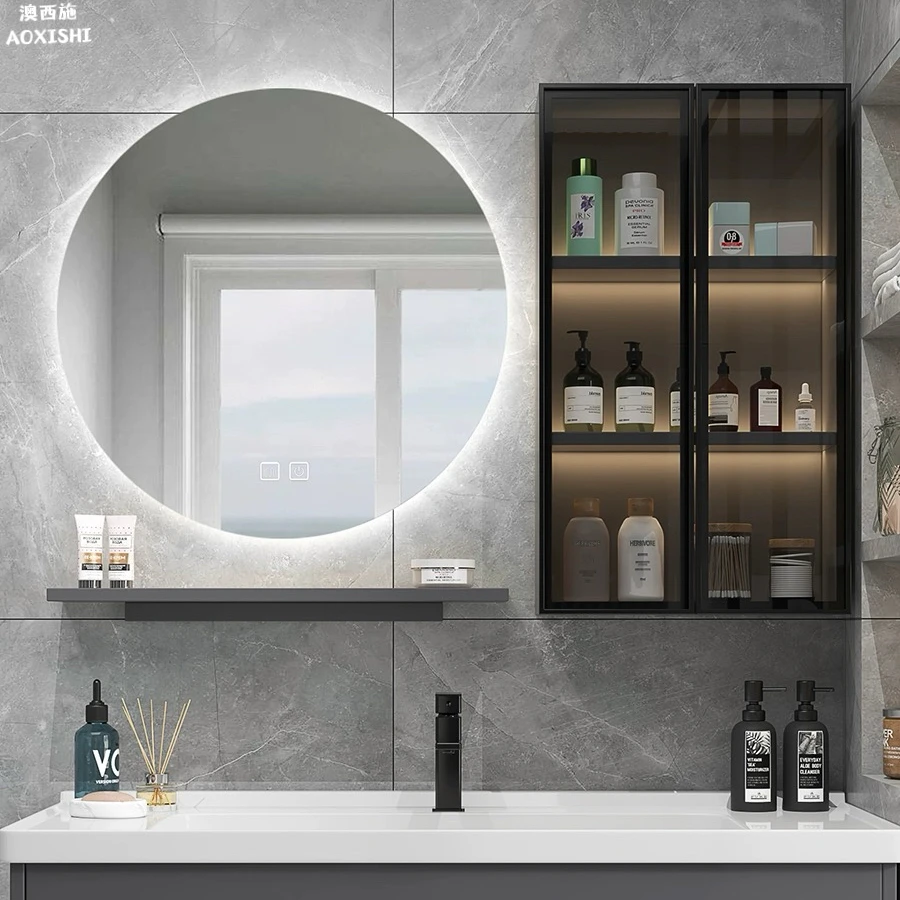 卫生间储物浴室镜柜轻奢圆形智能镜子单独挂墙式带灯防雾带置物架