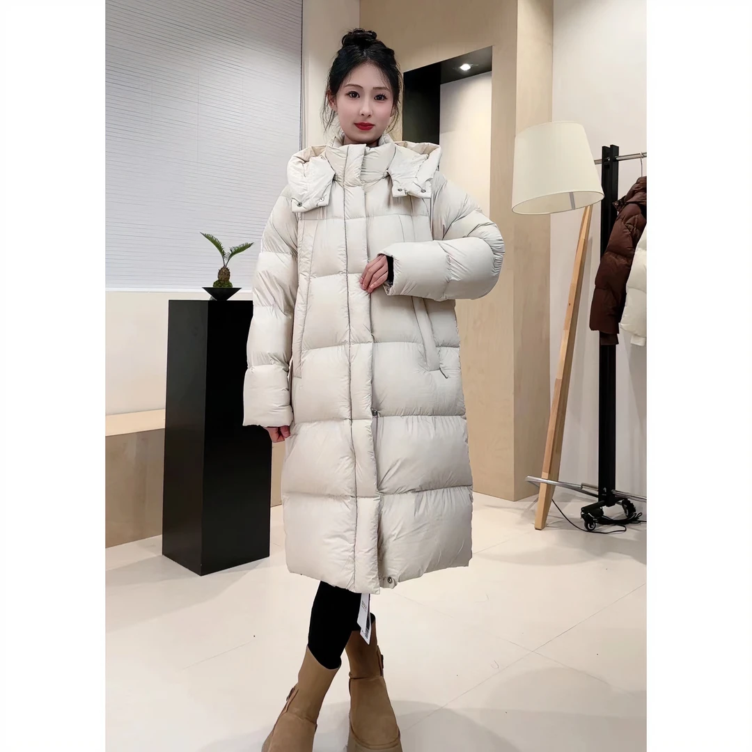 休闲白鸭绒百搭羽绒服过膝秋冬韩版过膝时尚女款连帽