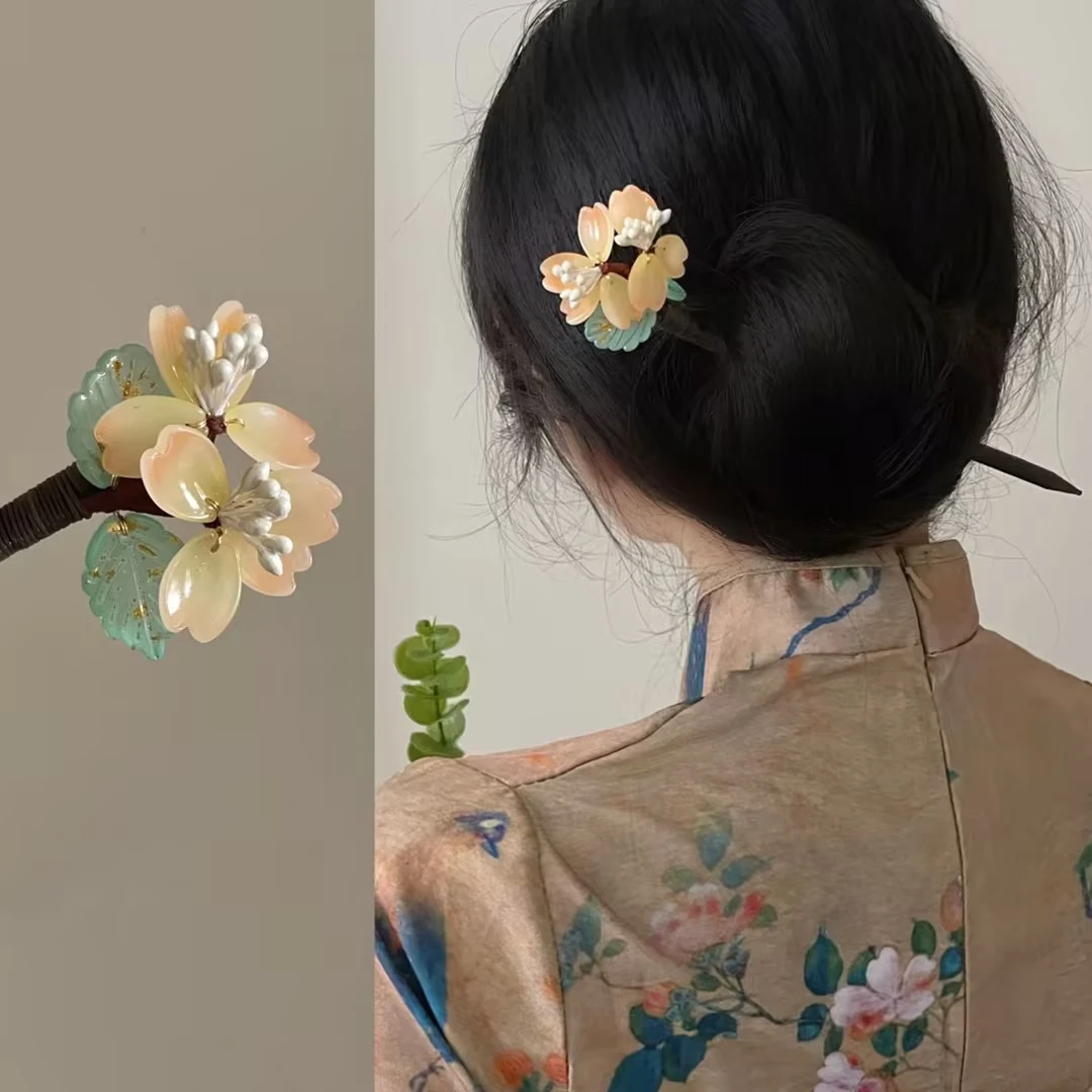 A14海棠花发簪古风汉服花朵木质发簪新中式清冷简约风格旗袍发簪