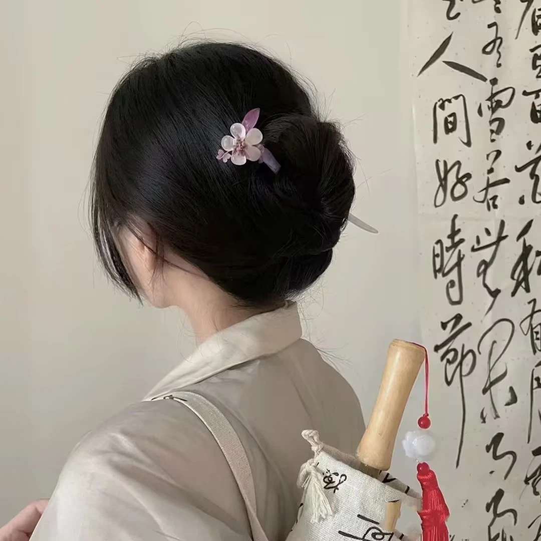 山栀发簪新中式冰紫琉璃花朵发钗汉服配饰古风饰品