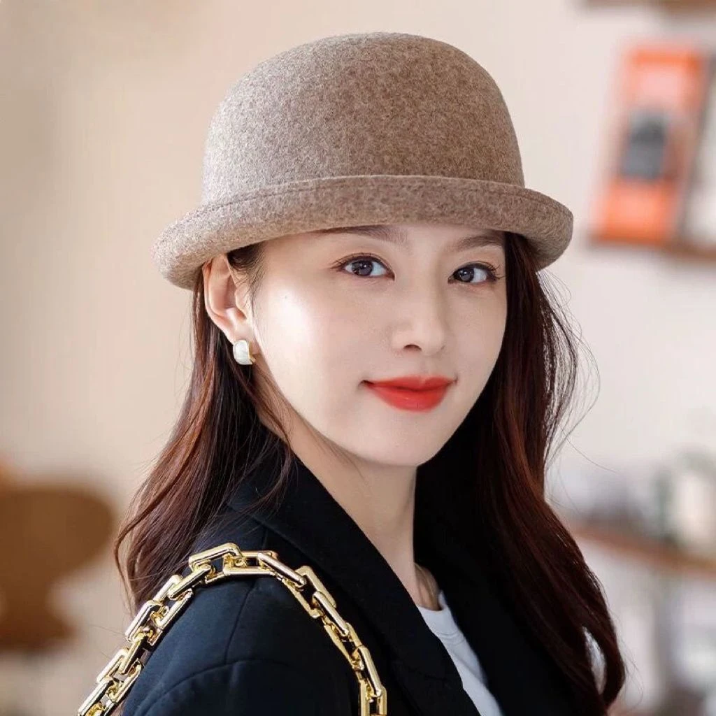 渔夫帽女秋冬小盆帽复古休闲圆顶礼帽韩版时尚卷边毛呢毡帽子百搭
