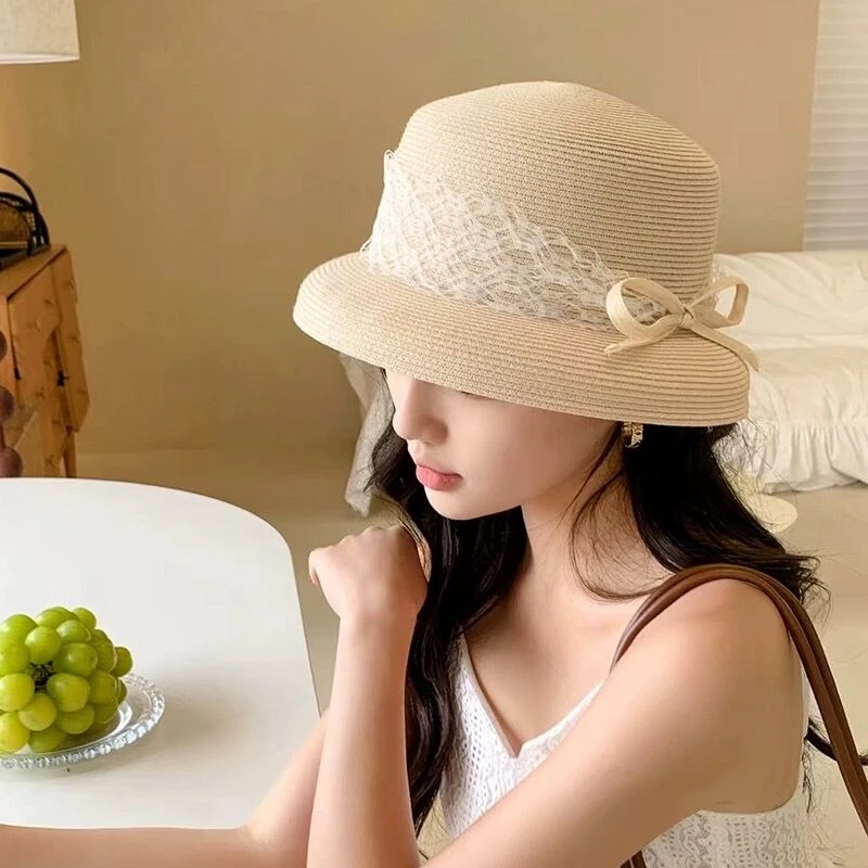 帽子女新款时尚百搭洋气夏季草编小赫本风盆帽编织夏天小清新