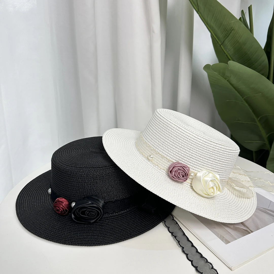 帽子女新款时尚百搭花朵小清新夏季编织平顶帽草编草帽旅游拍照