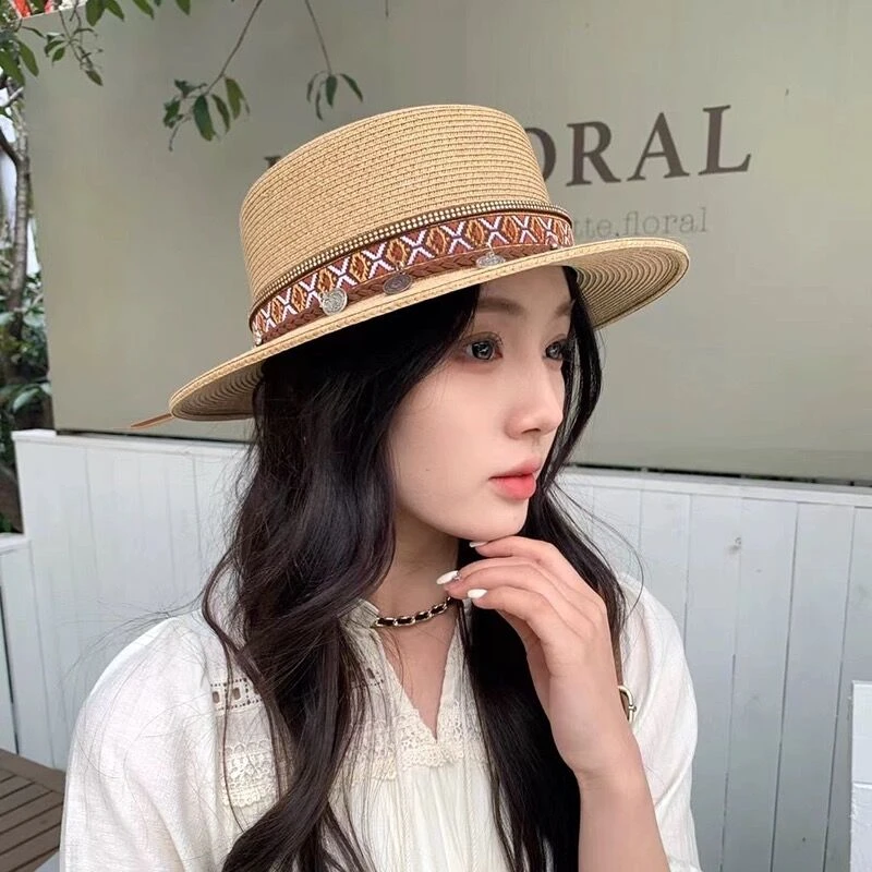 春夏新款民族风时尚休闲百搭平顶帽旅游拍照出游夏季草编帽子