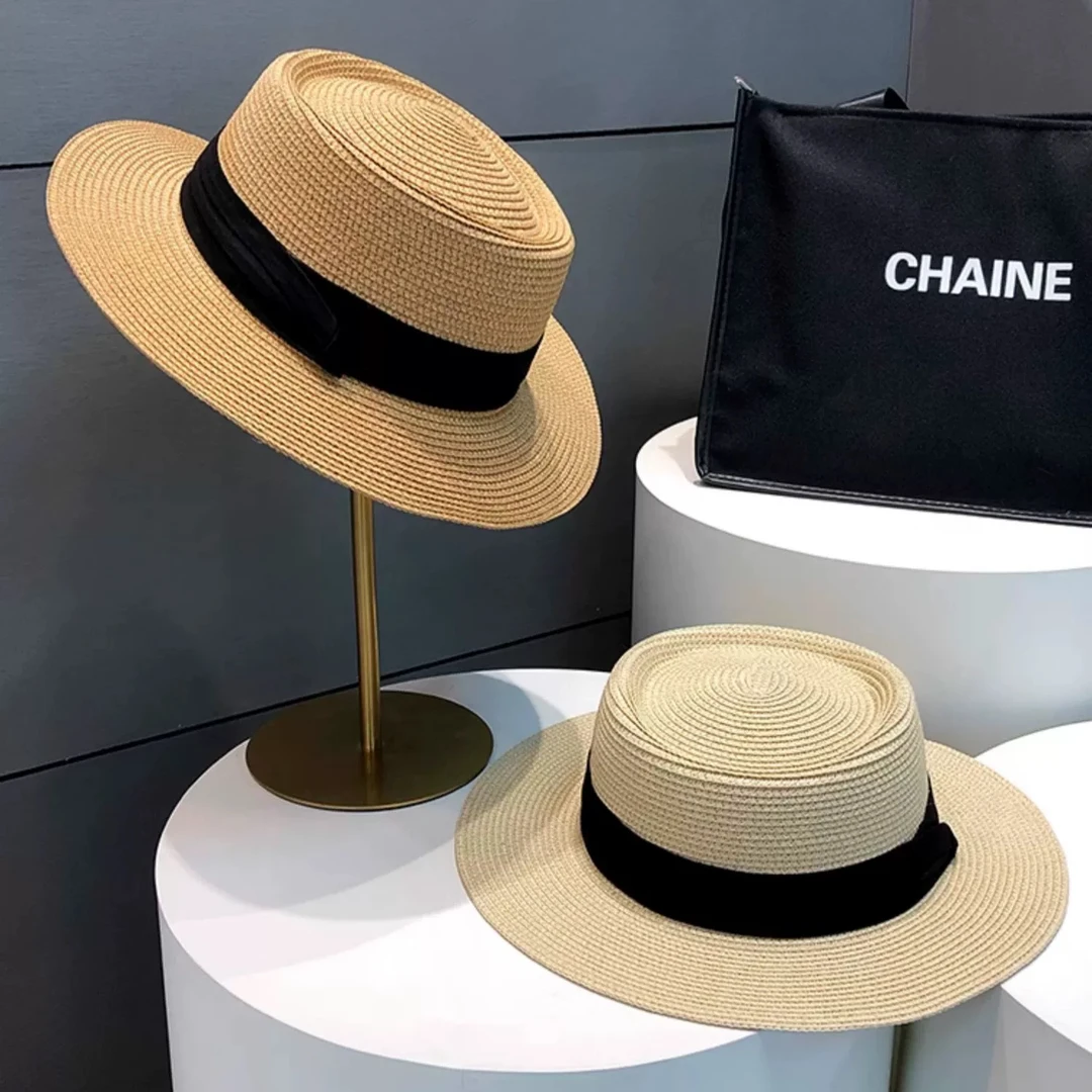法式平顶遮阳草帽子女2024新款草编礼帽夏海边度假防晒沙滩太阳帽