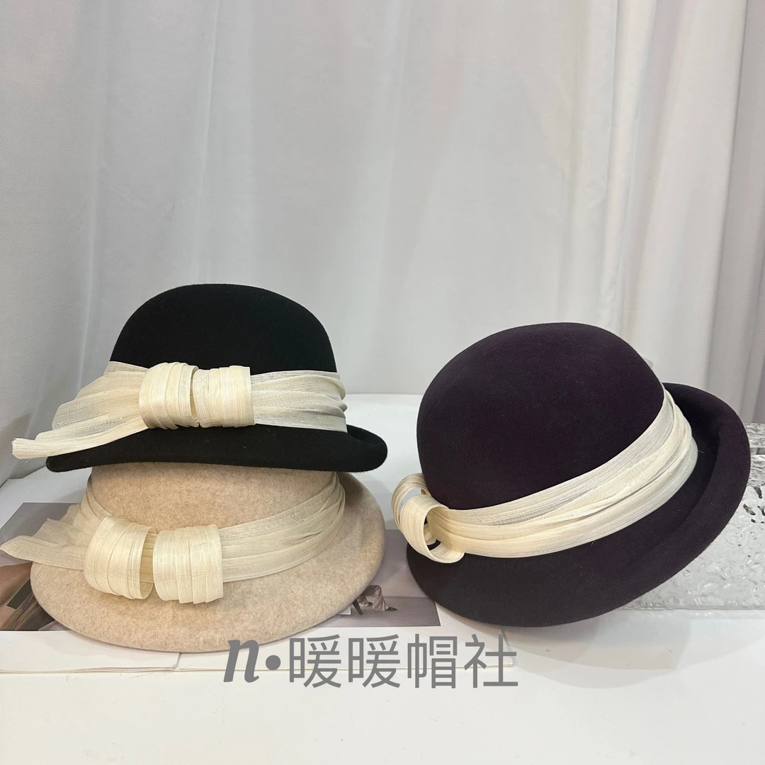 秋冬新款时尚百搭绵羊毛帽子女礼帽盆帽气质优雅女士菲律宾麻纱