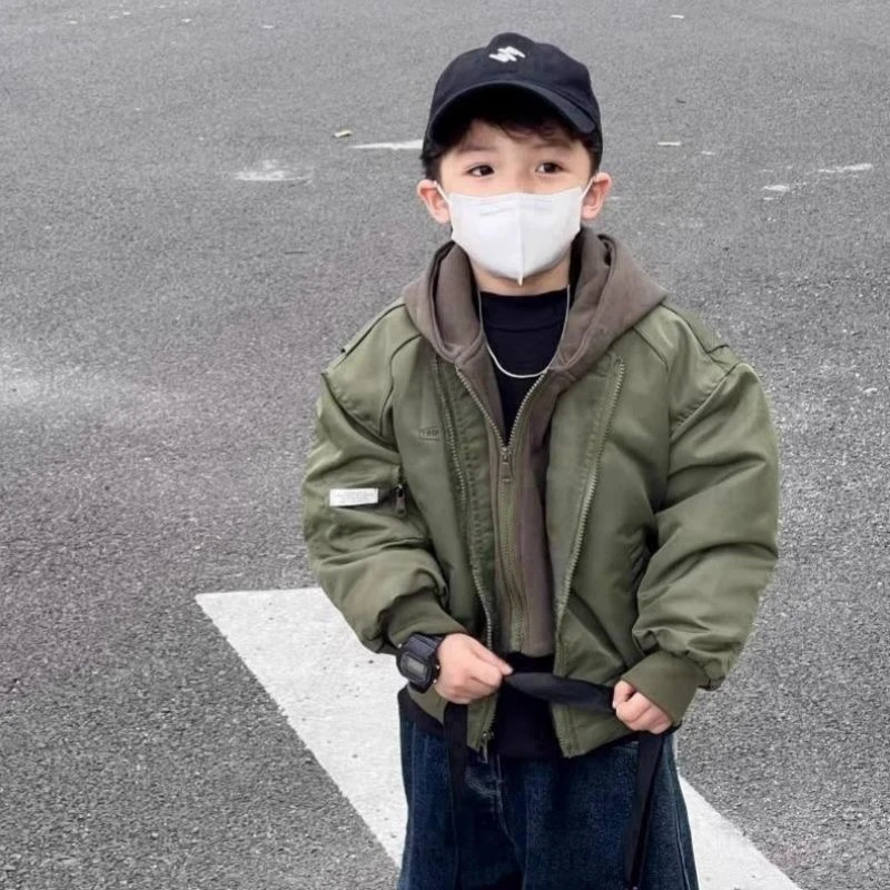 2024爆款男童冬季加厚外套连帽棒球服假两件男宝潮酷飞行服棉衣