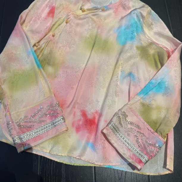 6090-1#重工国服百搭款衫新中式紫色复古时尚提花夏季网红