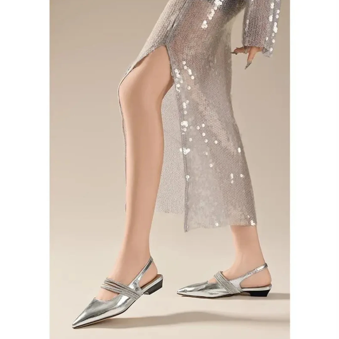 2024年夏季新款高跟鞋真皮浅口一字带扣女鞋尖头时尚休闲凉鞋