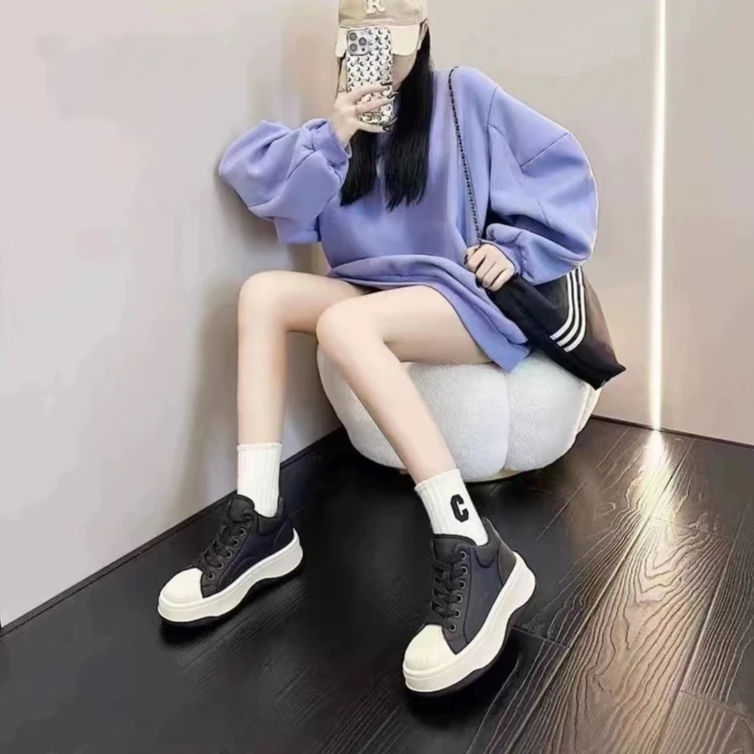 秋冬季新款中帮厚底休闲鞋牛皮贝壳鞋时尚板鞋女