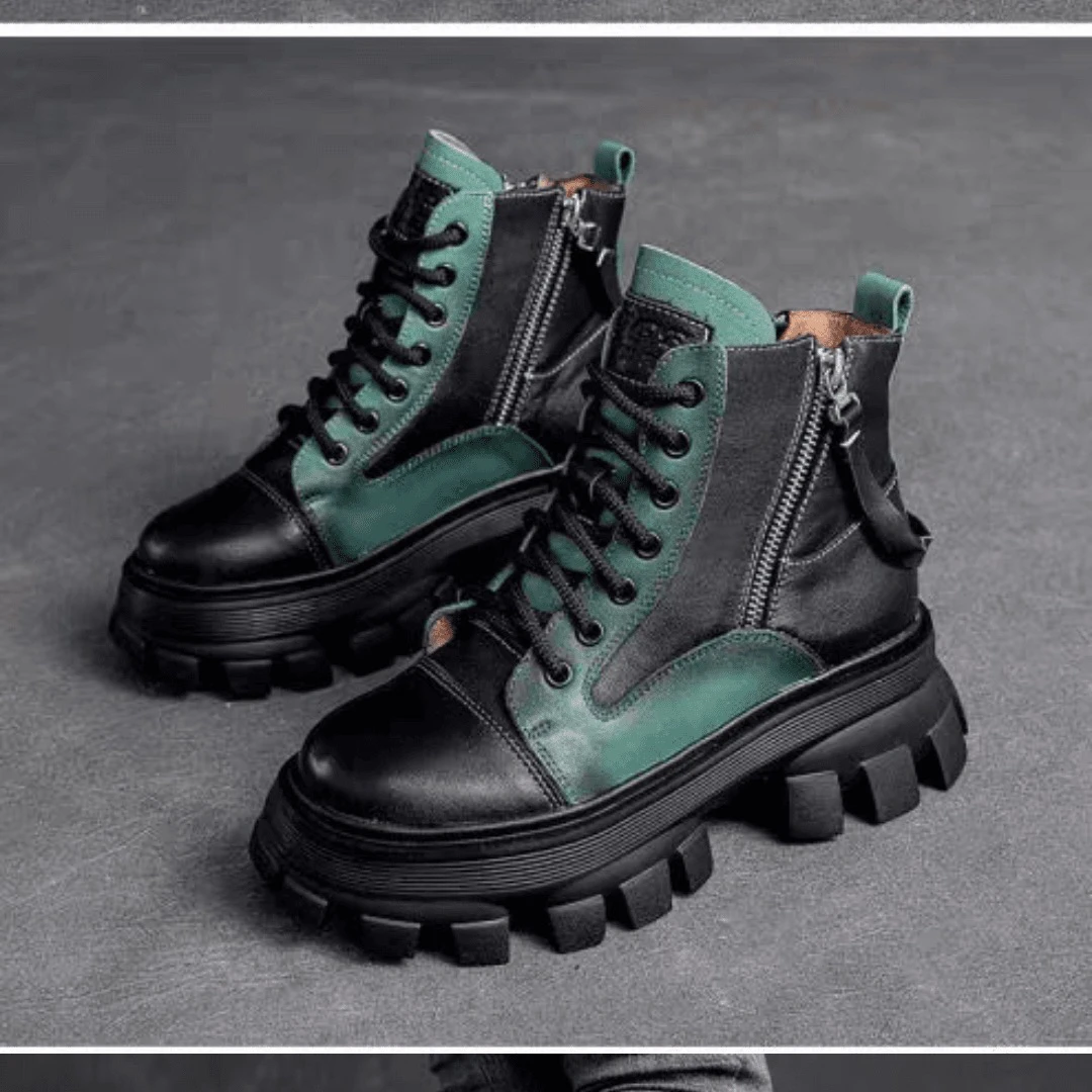 里外真皮单靴秋冬厚底民族风松糕低女短靴牛皮复古撞色马丁靴