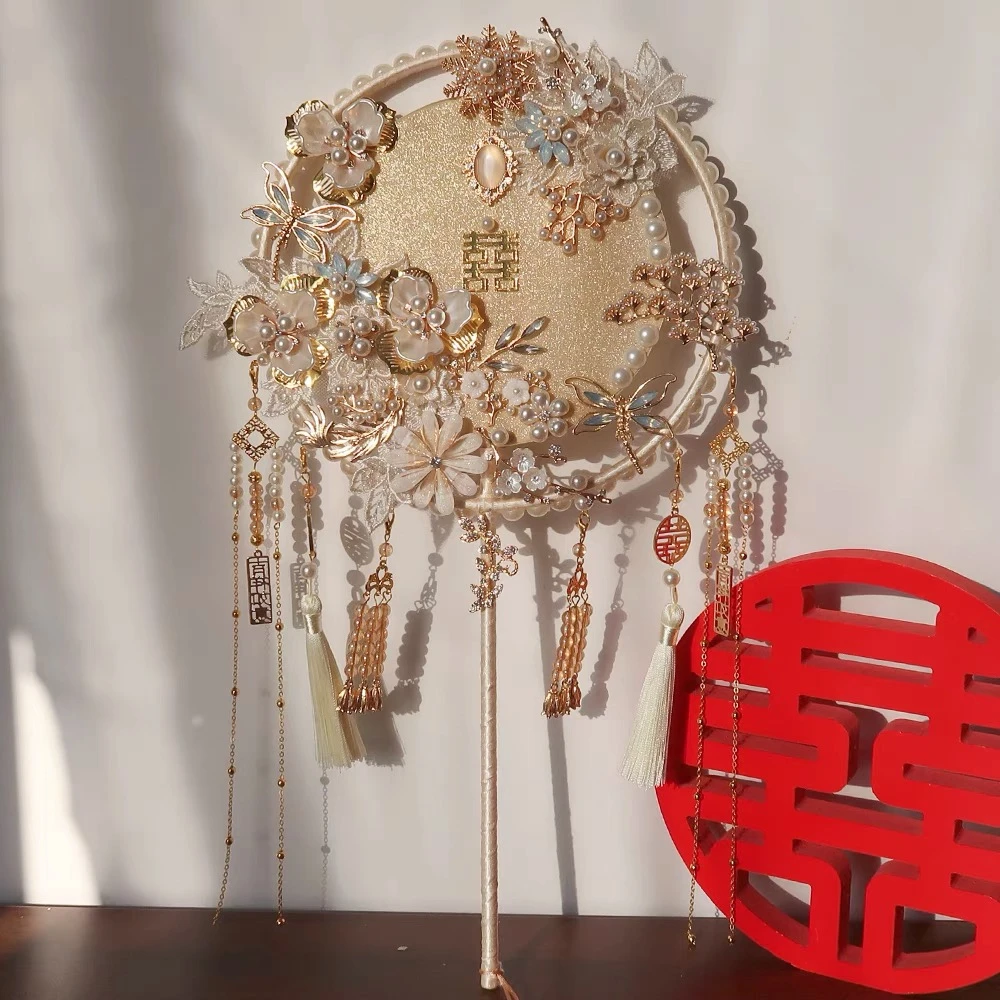 【小扬哥推荐】香槟色新娘团扇秀禾服精致手工diy材料包高级感喜扇