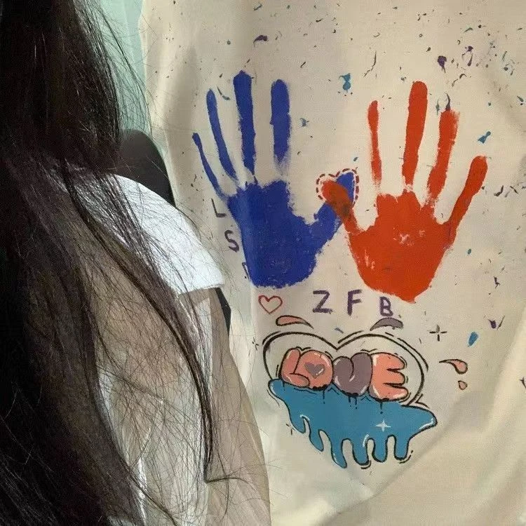 LB送男朋友衣服diy颜料画T恤纪念日情侣手印涂鸦颜料纯棉T恤纯棉t