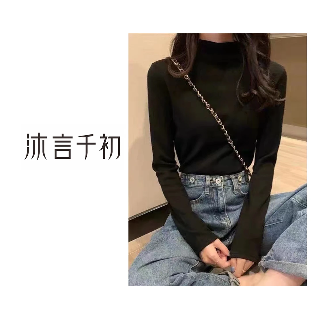【沐言千初】半高T恤/抽褶长袖女/春秋设计感修身内搭/纯色打底衫
