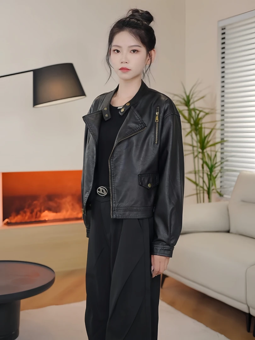 【沐言千初】2024皮衣女外套/欧货短款皮衣外套/时尚休闲/