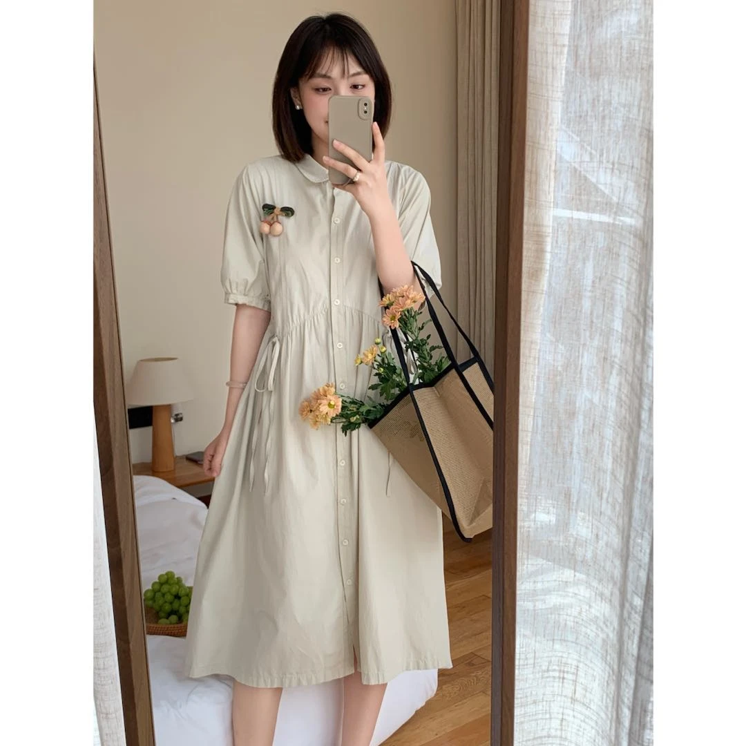 田田家| 茉莉清香 新款纯色收腰蝴蝶结连衣裙宽松显瘦衬衫裙