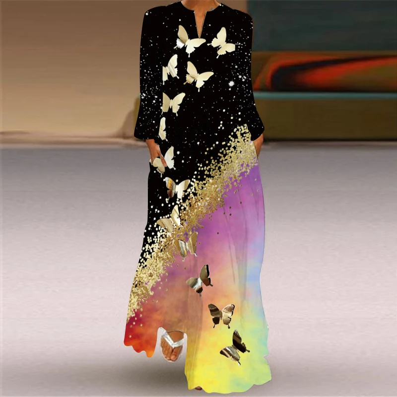 【送运费险】【现货】2025年夏天时尚女士蝴蝶印花长裙外贸V领风女装