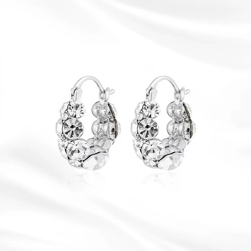铜合金锆石耳饰 铜合金镀银耳饰法式圆圈耳环百搭精致满钻超闪
