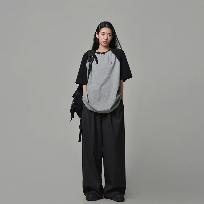 SIXI四喜家春夏 复古质感撞色插肩袖短袖T恤女宽松休闲设计感上衣