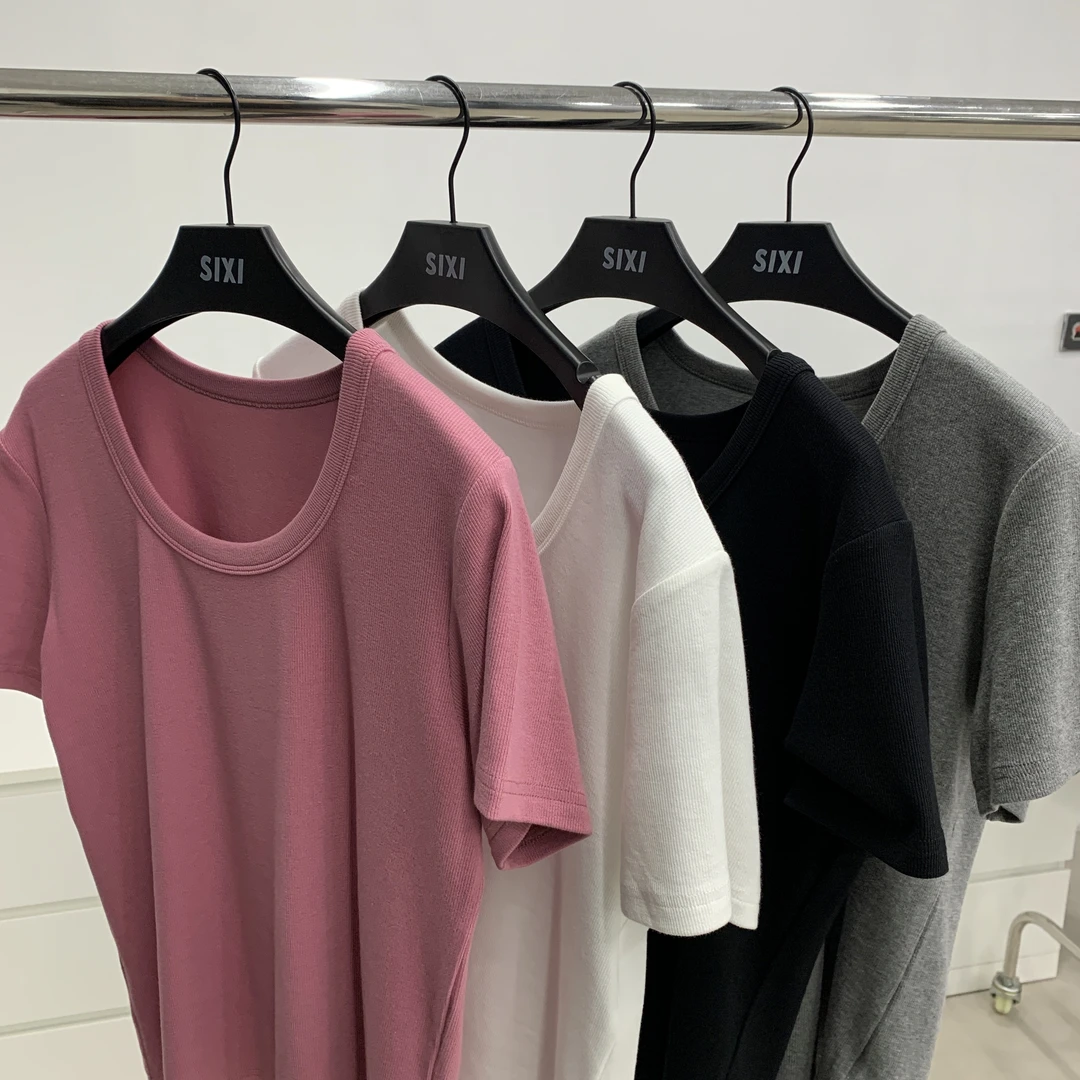 SIXI四喜家春夏 纯色U领合身百搭基础短袖t