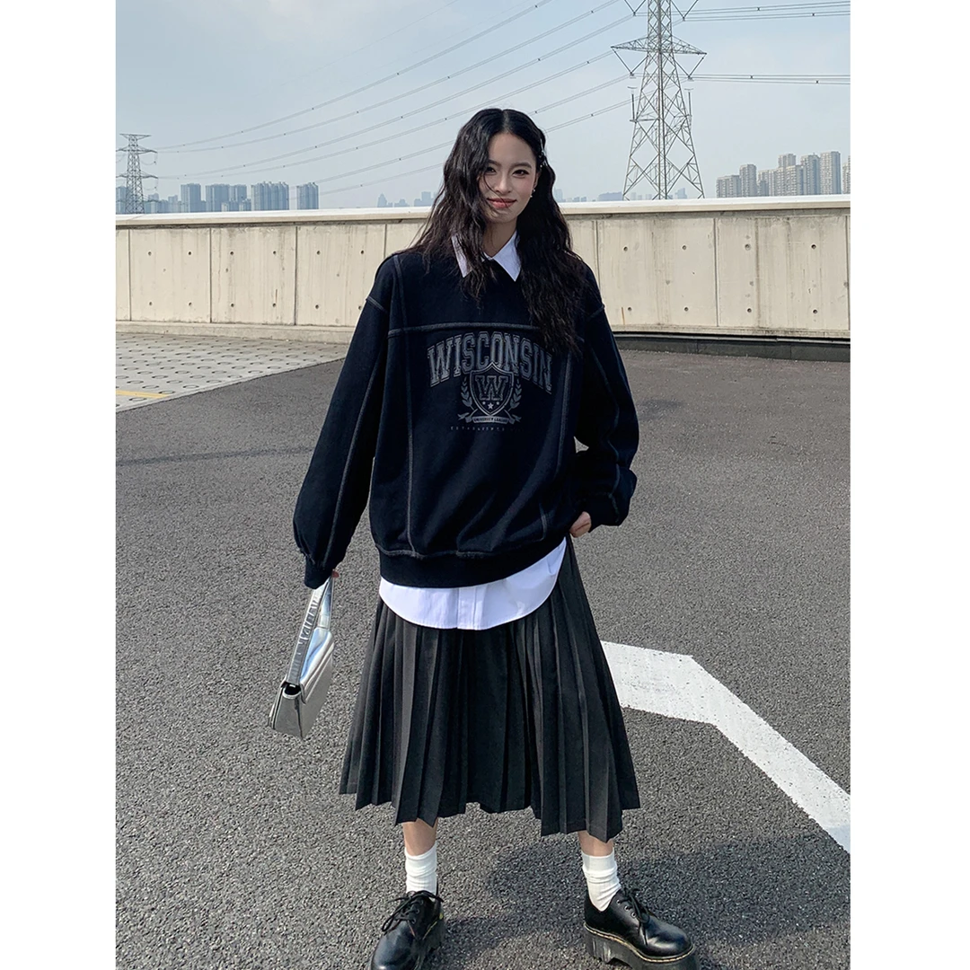 SIXI四喜家 学院风印花解构层次拼接圆领卫衣女秋冬长袖套头外套