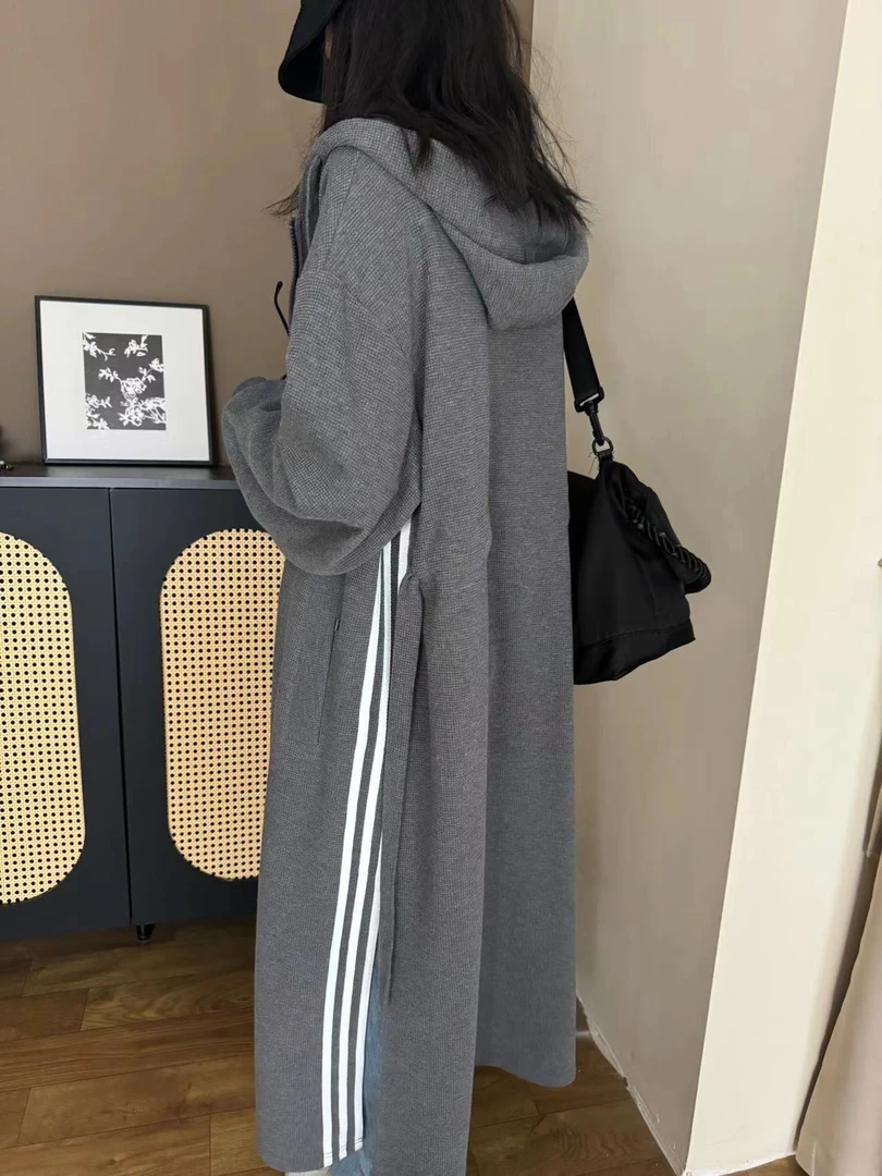 休闲运动风百搭宽松女长款长袖时尚连帽外套设计感收腰开衫-24333
