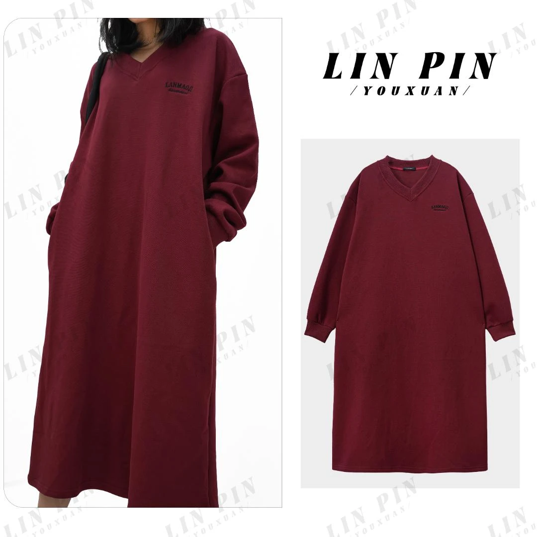 宽松连衣裙春秋时尚V领刺绣字母宽松休闲长袖卫衣连衣裙女-L0138