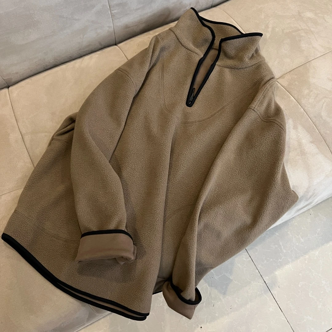 330393-秋冬加厚双面羊羔绒立领半门襟拼接设计感小众摇粒绒卫衣