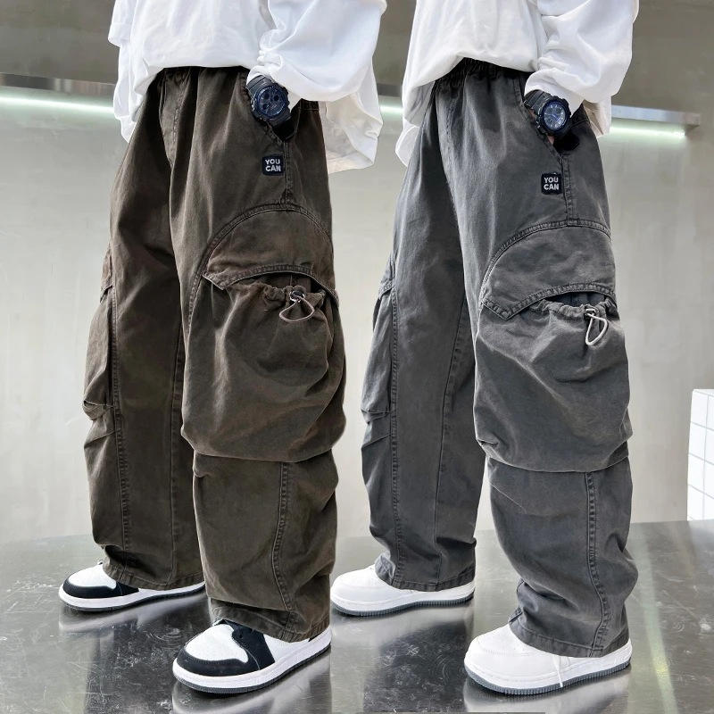 男童直筒裤子秋冬加绒工装裤2024中大童休闲长裤宽松加厚儿童冬季