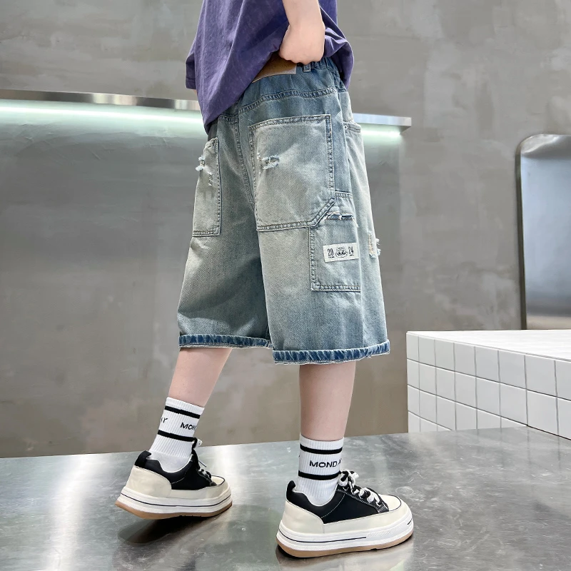 男童牛仔短裤夏季薄款过膝2024中大童休闲韩版七分裤儿童中裤洋气