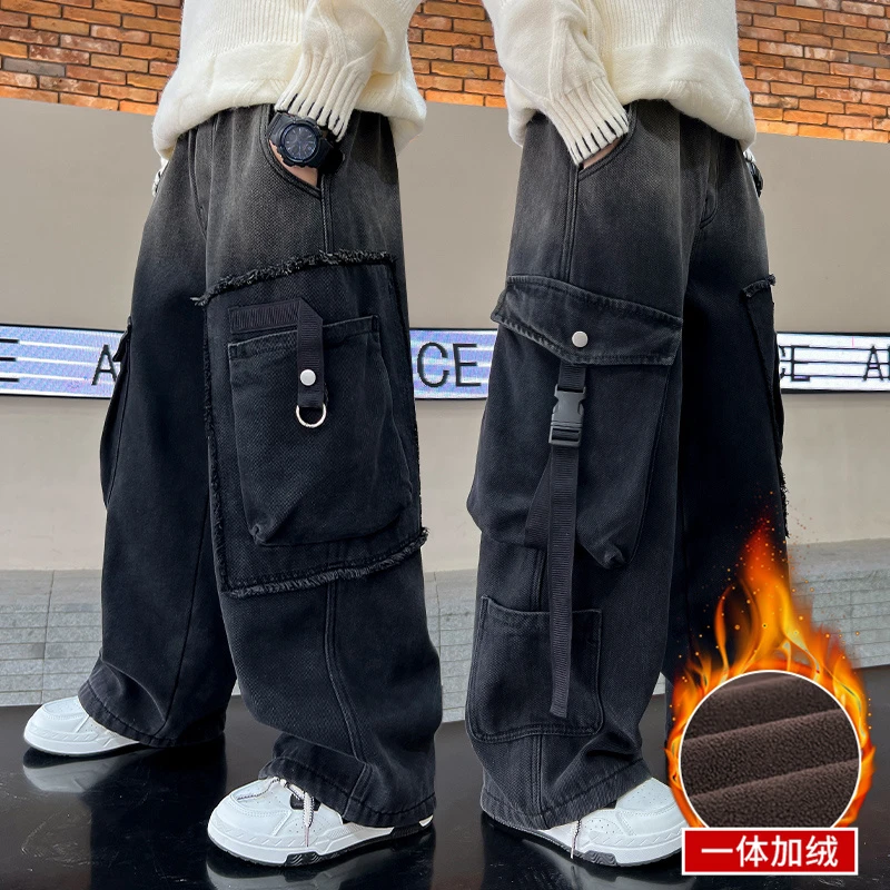 男童加绒牛仔工装裤秋冬直筒2025中大童休闲长裤宽松儿童加厚裤子