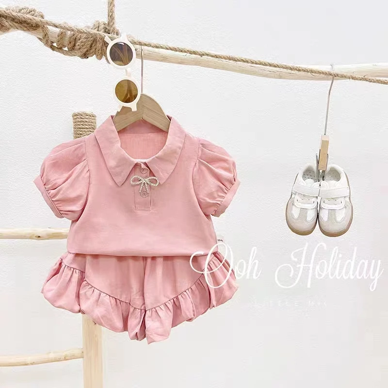 女童夏季泡泡袖POLO领蝴蝶结短裤短袖花苞短裤两件套WL-J-B26