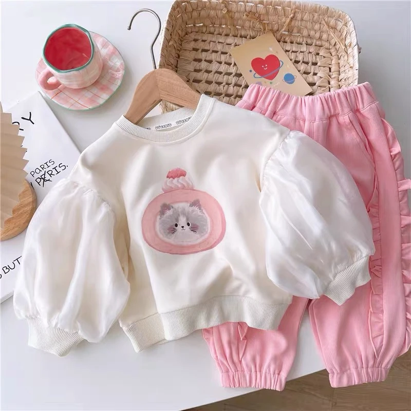 C女童韩版早春款洋气宝宝泡泡袖卡通小猫咪休闲卫裤套装ZS-G-A24