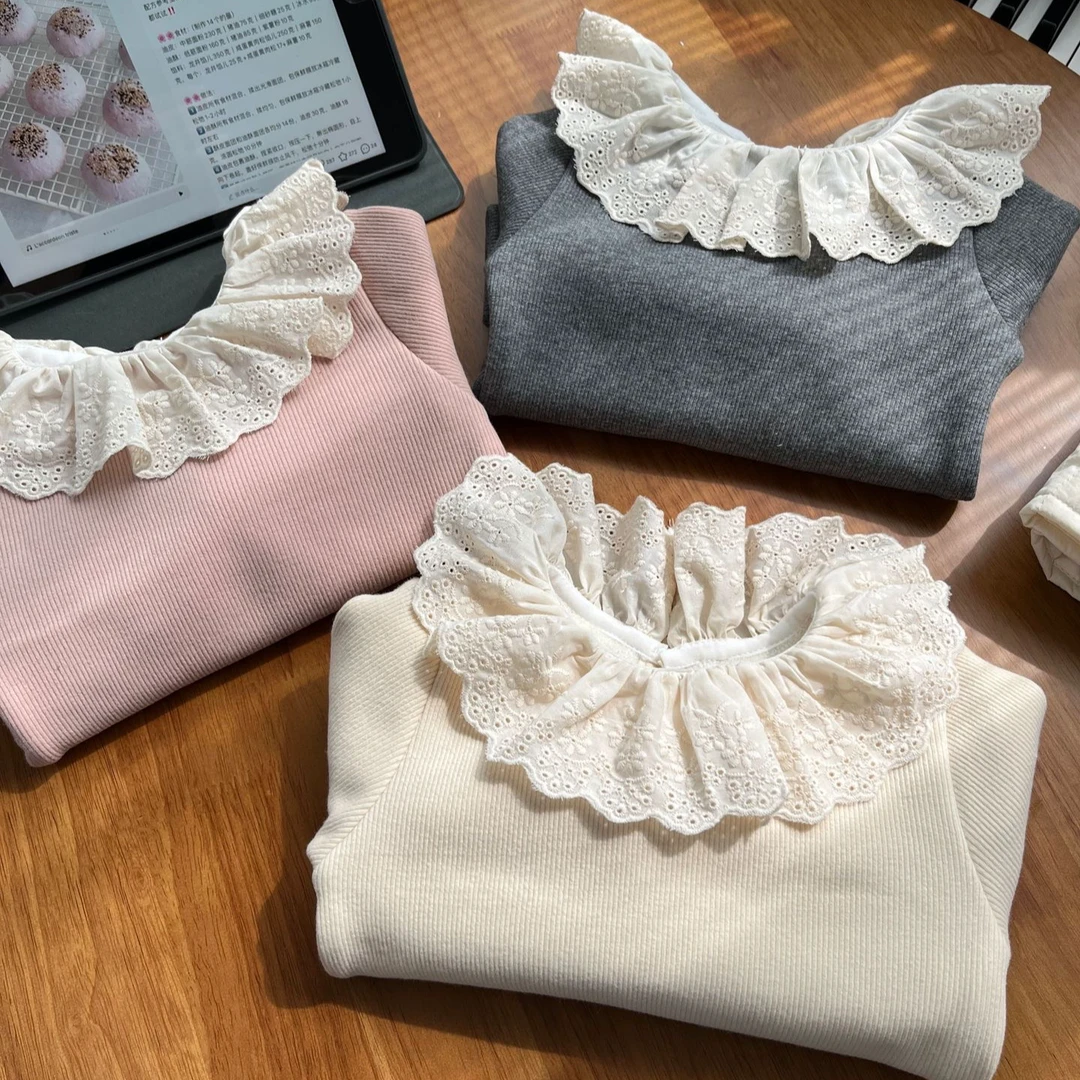 2024女童冬季加绒花边领打底衫