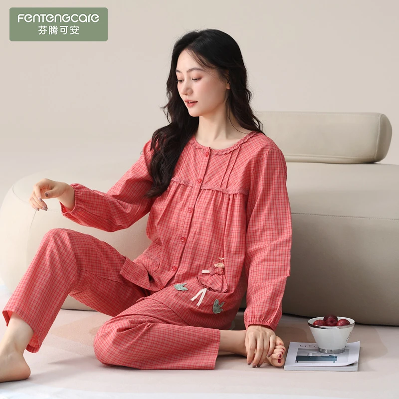 芬腾可安梭织棉纱布睡衣女春秋纯棉长袖开衫2025年新款全棉舒适秋