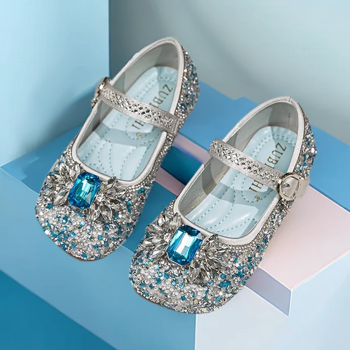 女童水钻公主鞋2025年春夏新款儿童爱莎亮片小皮鞋中大童软底单鞋