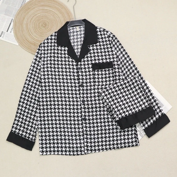 鹏黑白千鸟格长裤长袖不带胸垫睡衣女家居服