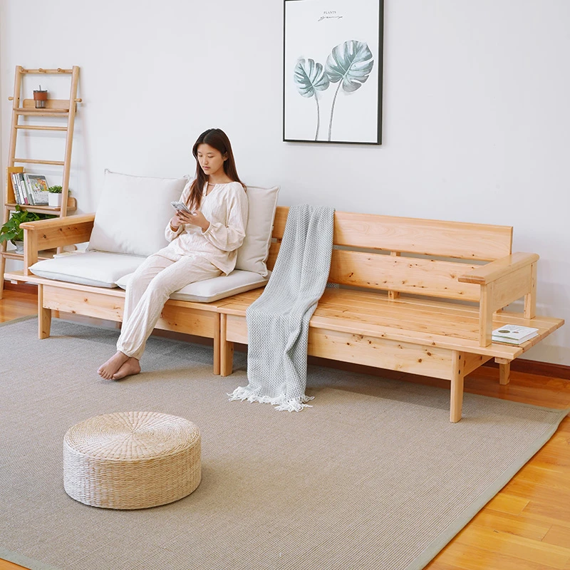 全实木日式转角柏木沙发简约现代客厅小户L型转角贵妃脚踏榻组合