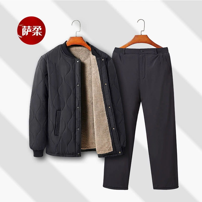 中老年棉服套装男爸爸棉衣加绒加厚爷爷棉袄保暖外套保暖绒两件套