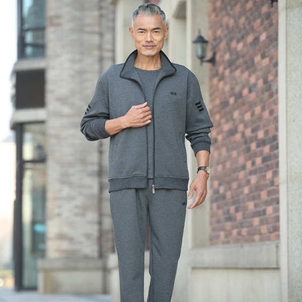 中老年男装春秋款运动装男士新款宽松跑步服爸爸立领长袖运动套装