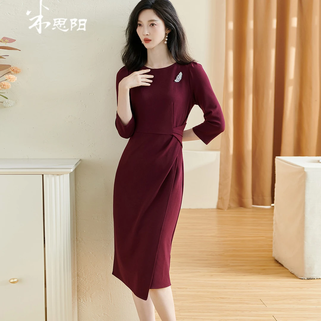 【米思阳】优雅气质净色连衣裙修身七分袖一步裙女士5Y23CL2220