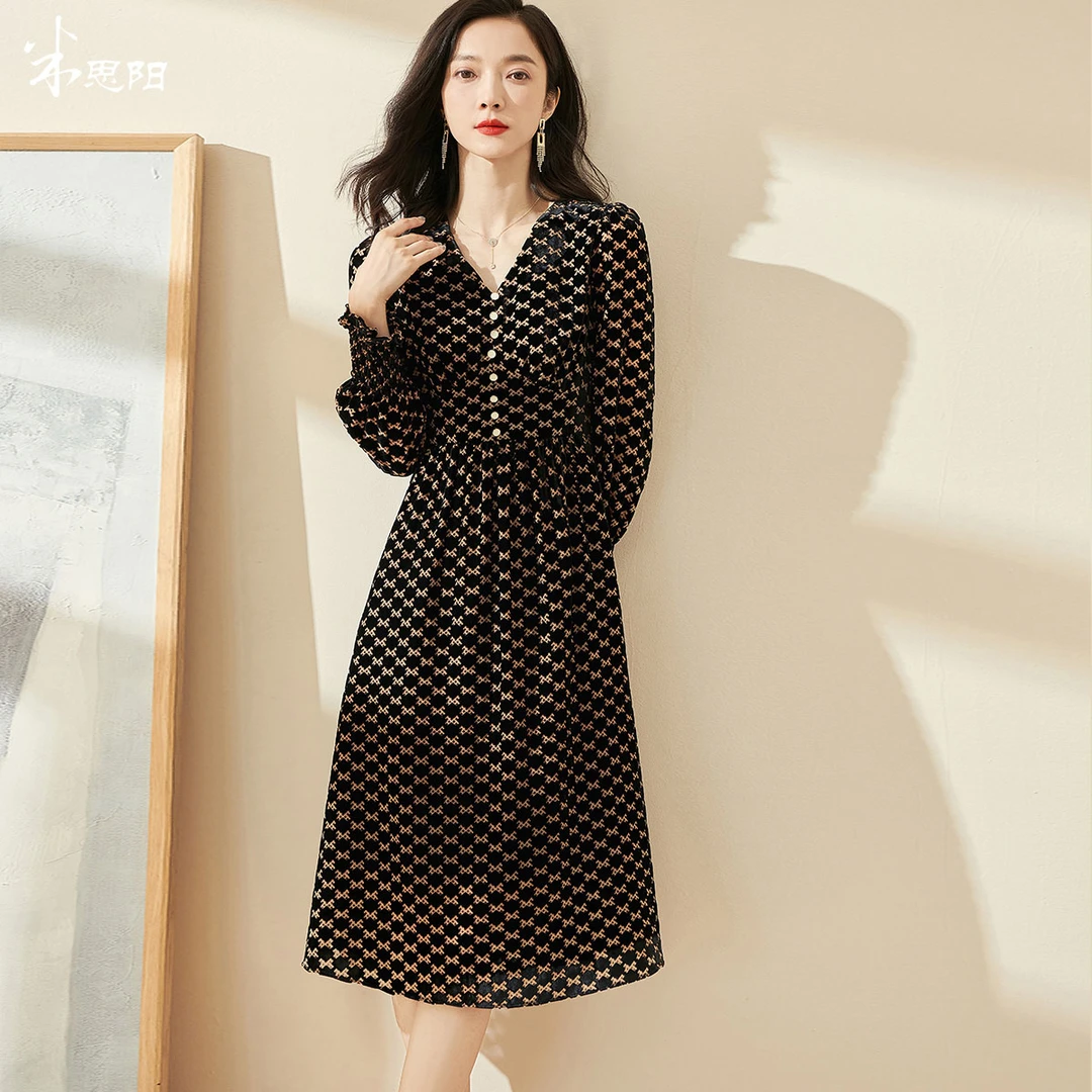 复古A字裙知性v领拼色植绒烧花绒连衣裙5X22AL0066