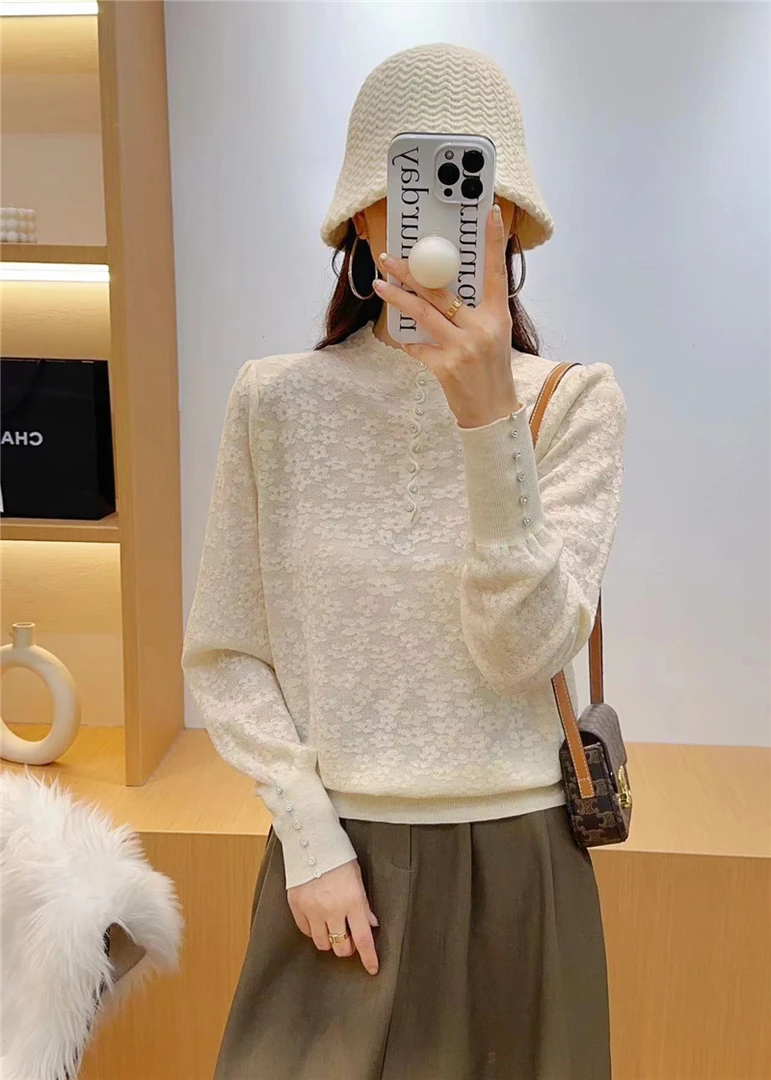 半高领蕾丝针织衫上衣女秋装2023新款法式减龄时尚钉珠慵懒风毛衣