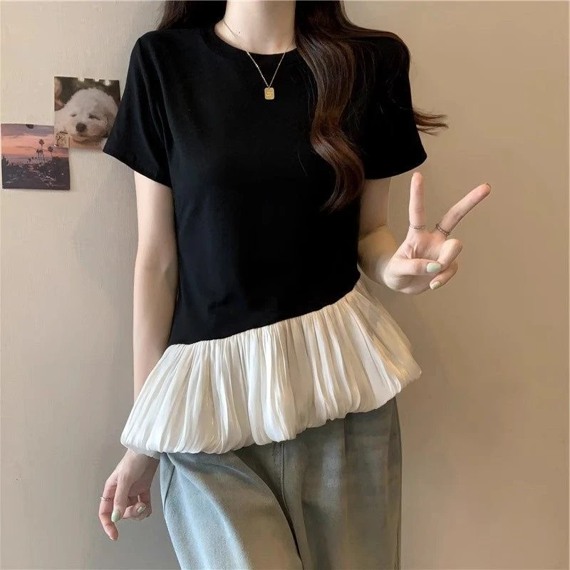 大码女装夏季新款胖mm法式蕾丝拼接正肩t恤宽松显瘦中长款上衣服