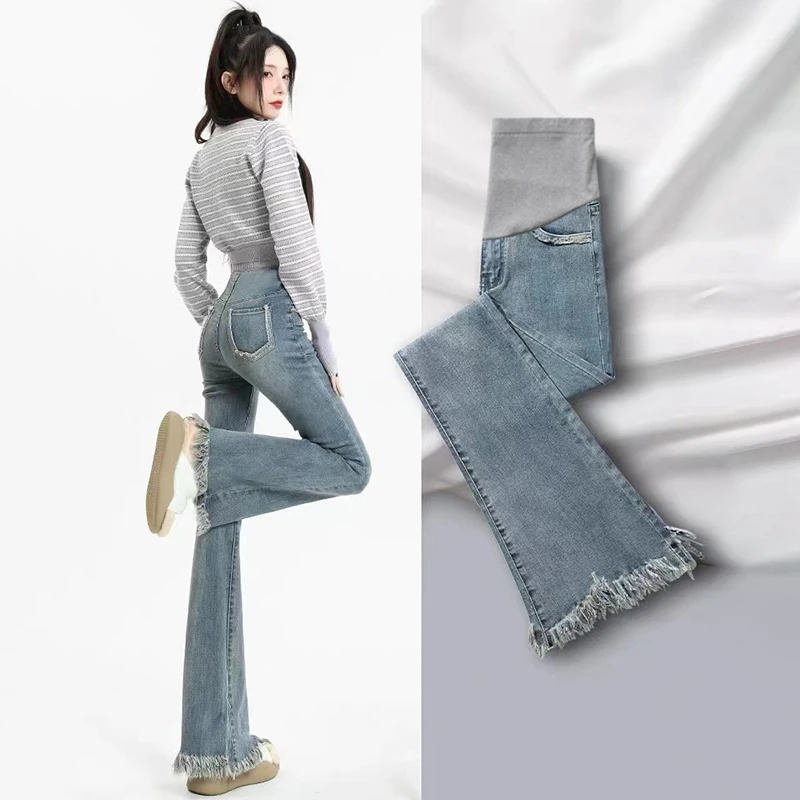 孕妇牛仔裤春秋款外穿时尚弹力修身微喇叭裤长裤秋季微喇毛边裤子