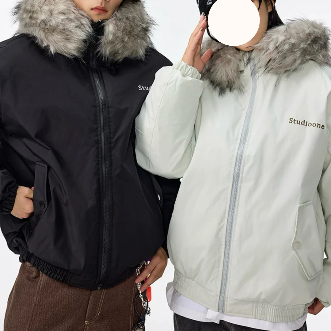 【醒醒】大毛领美式复古连帽加厚保暖棉服外套男女同款休闲棉服560