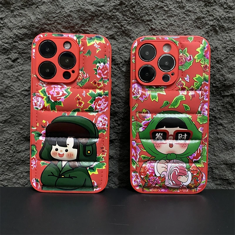创意东北大花男孩女孩苹果15pro手机壳适用14直边防摔13/12情侣11
