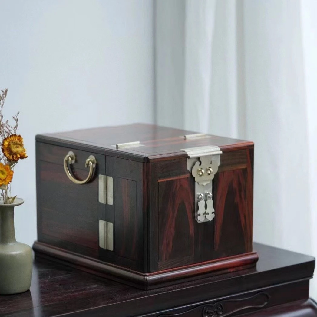 老挝大红酸枝全独板四大美女首饰盒实木复古带镜收纳盒桌面珠宝箱