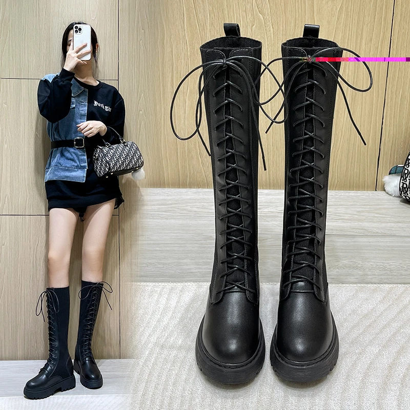 内增高长筒靴女不过膝英伦针织秋冬显瘦弹力瘦瘦靴小码女靴313233