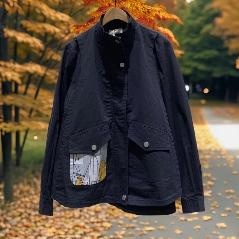 8665印花口袋外套长袖短款时尚休闲百搭黑色春季立领春秋简约潮流